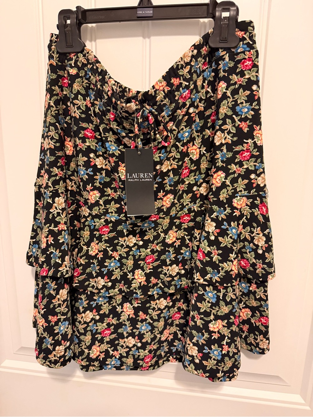 NWT Lauren Ralph Lauren Black Floral Tiered Midi Skirt M Boho